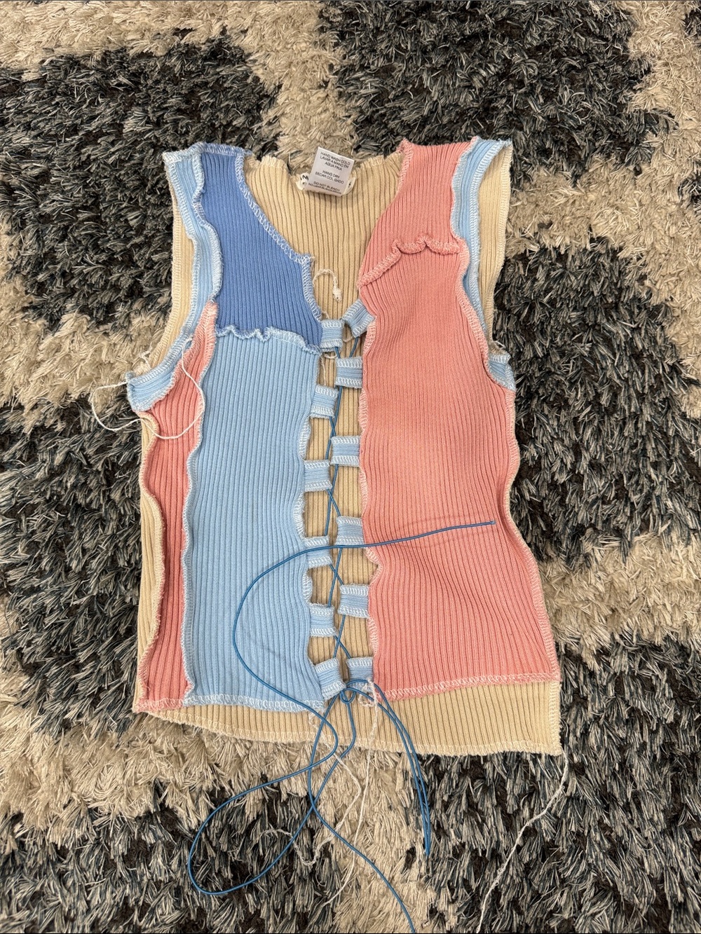 Colorblock Lace-Up Ribbed Knit Tank Top - Pink, Blue & Cream